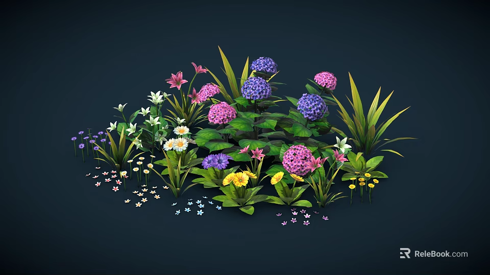 Vibrant Mixed Flowers And Green Plants With Purple Pink White Yellow Blooms And Leaves 3d model 