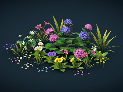 Vibrant Mixed Flowers And Green Plants With Purple Pink White Yellow Blooms And Leaves 3d model