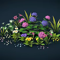 Vibrant Mixed Flowers And Green Plants With Purple Pink White Yellow Blooms And Leaves