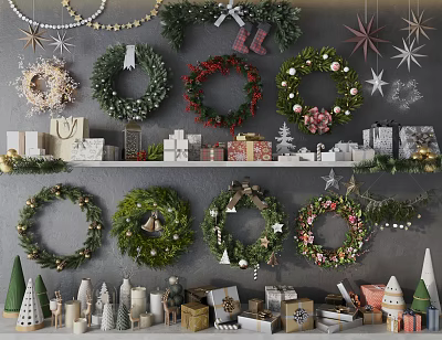 Festive Christmas Decorations Including Various Wreaths Gifts Small Trees And Ornaments 3d model