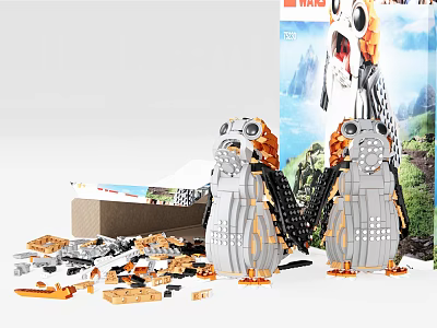 Assembled Owl Building Block Models With Scattered Parts And Packaging Box Featuring Natural Scenery 3d model