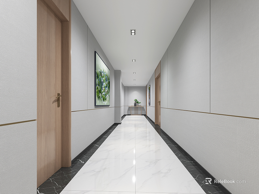 Office Hallway Design Featuring White Walls Wooden Doors and Shiny Marble Floor 3d model 
