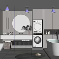 Elegant Modern Bathroom Interior Design With Round Mirror Washing Machine Bathtub And Grey Cabinets