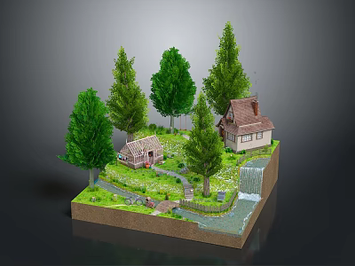 Miniature Decorative House Model Featuring Trees Grass Stream And Waterfall Landscape 3d model