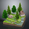 Miniature Decorative House Model Featuring Trees Grass Stream And Waterfall Landscape