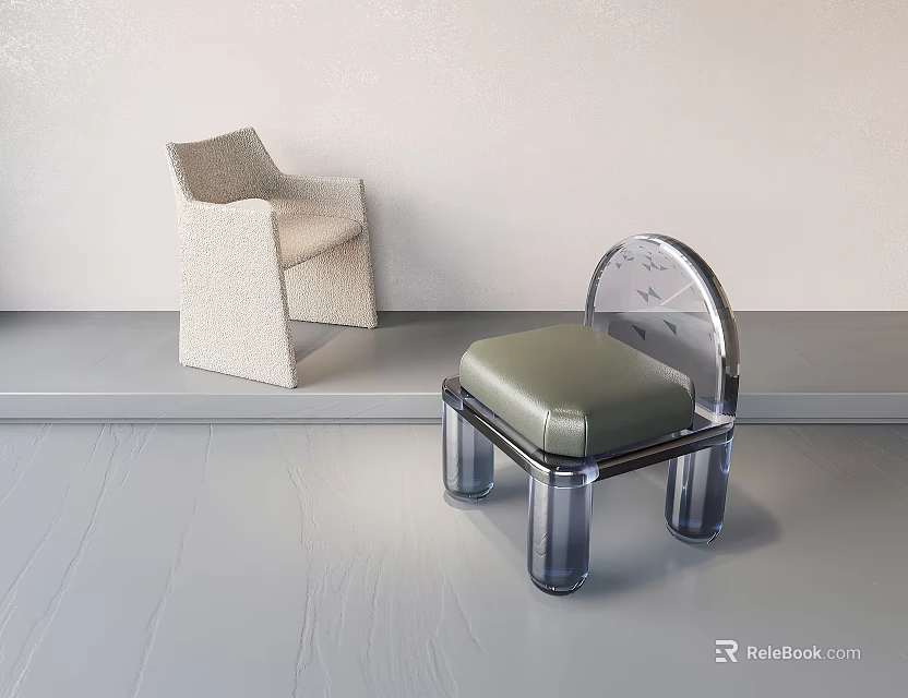 Modern Leisure Chairs With Cream Woven Design And Transparent Acrylic Frame Green Cushioned Seats 3d model 