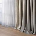White Sheer And Beige Thick Curtains With Black Rod On White Wall Wooden Floor