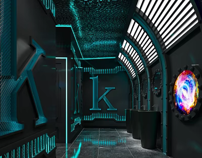 Futuristic Modern Public Toilet Design With Blue Lighting Black Walls Starry Ceiling And Shiny Tiles 3d model