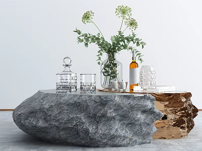 Natural Stone Coffee Table With Greenery White Flowers Glassware And Amber Liquor Bottle 3d model