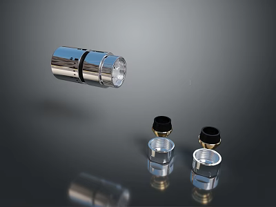 Metallic Transparent Cylindrical Components With Black Top Covers And Clear Bases 3d model