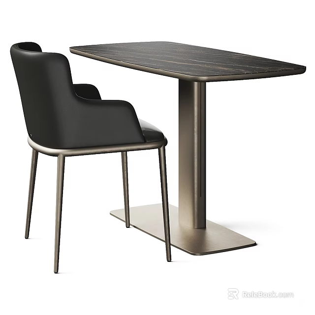 Modern Sleek Dining Table With Dark Wooden Top Black Leather Chair And Metal Legs 3d model 