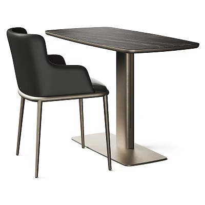 Modern Sleek Dining Table With Dark Wooden Top Black Leather Chair And Metal Legs 3d model