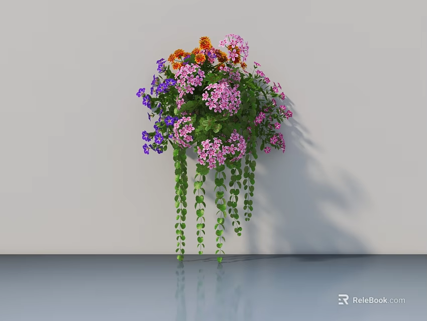 Bonsai Potted Plant Featuring Mixed Color Flowers Hanging Green Vines And White Wall Reflection 3d model 