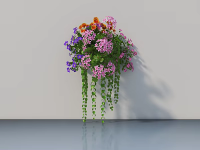 Bonsai Potted Plant Featuring Mixed Color Flowers Hanging Green Vines And White Wall Reflection 3d model