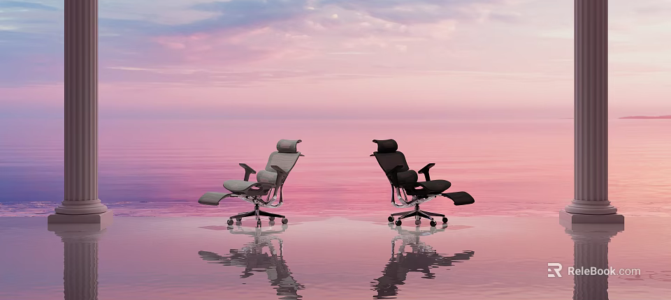 Two Modern Office Chairs Featuring Ergonomic Design And Pink Sky Reflection 3d model 