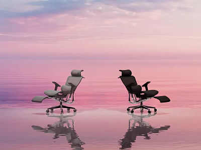 Two Modern Office Chairs Featuring Ergonomic Design And Pink Sky Reflection 3d model