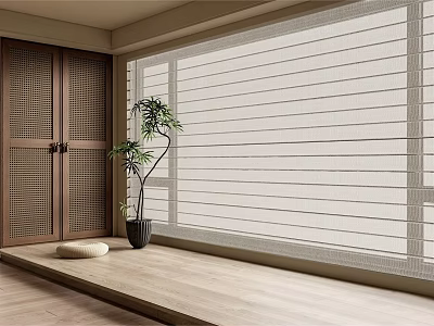 White Venetian Blinds In Minimalist Modern Interior With Wooden Floor And Green Plant 3d model