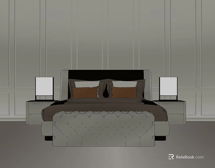 Modern Double Bed With Upholstered Headboard Bedside Tables And Table Lamps 3d model