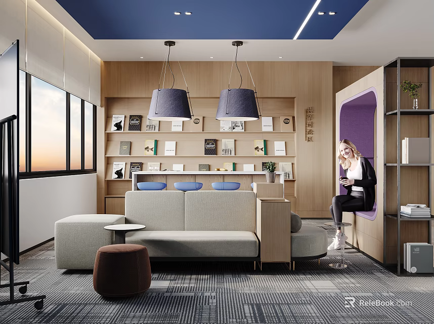 Modern Office Pantry Interior Design With Blue Ceiling Wooden Bookshelves Sofa Purple Partition And Windows 3d model 