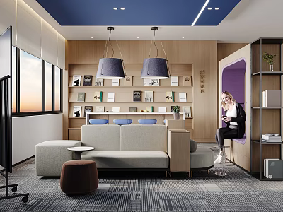 Modern Office Pantry Interior Design With Blue Ceiling Wooden Bookshelves Sofa Purple Partition And Windows 3d model