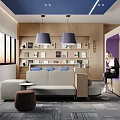 Modern Office Pantry Interior Design With Blue Ceiling Wooden Bookshelves Sofa Purple Partition And Windows