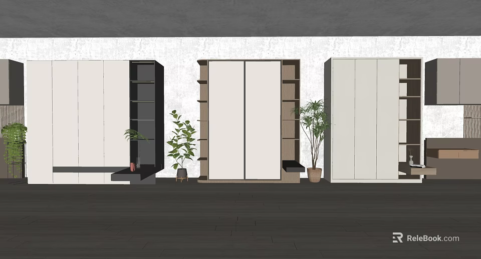 Modern Wardrobe Design With Light And Dark Panels Open Shelves And Potted Plants 3d model 