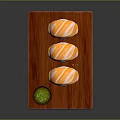 Yellow Striped Sushi on Wooden Cutting Board with Green Sauce and Colorful Garnishes