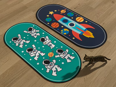 Stylish Rugs In Green Dark Blue With Astronauts Rocket Planets And Stars 3d model