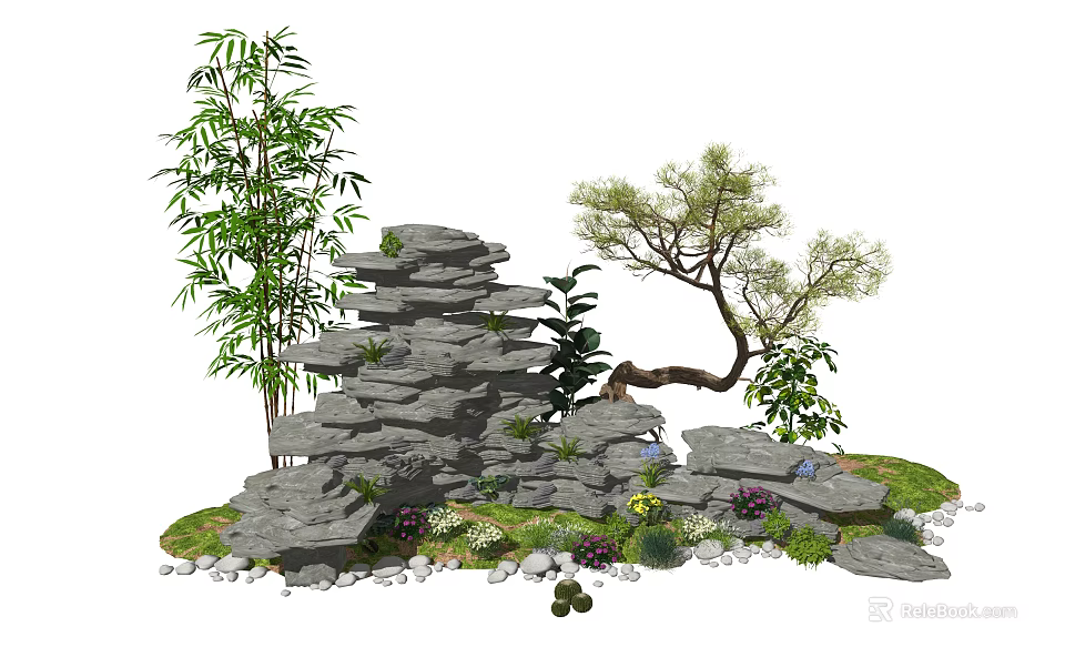 Natural Garden Ornament With Stacked Stone Rockery Bamboo Plants Landscape Tree And Small Flowers 3d model 