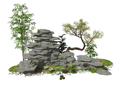 Natural Garden Ornament With Stacked Stone Rockery Bamboo Plants Landscape Tree And Small Flowers 3d model