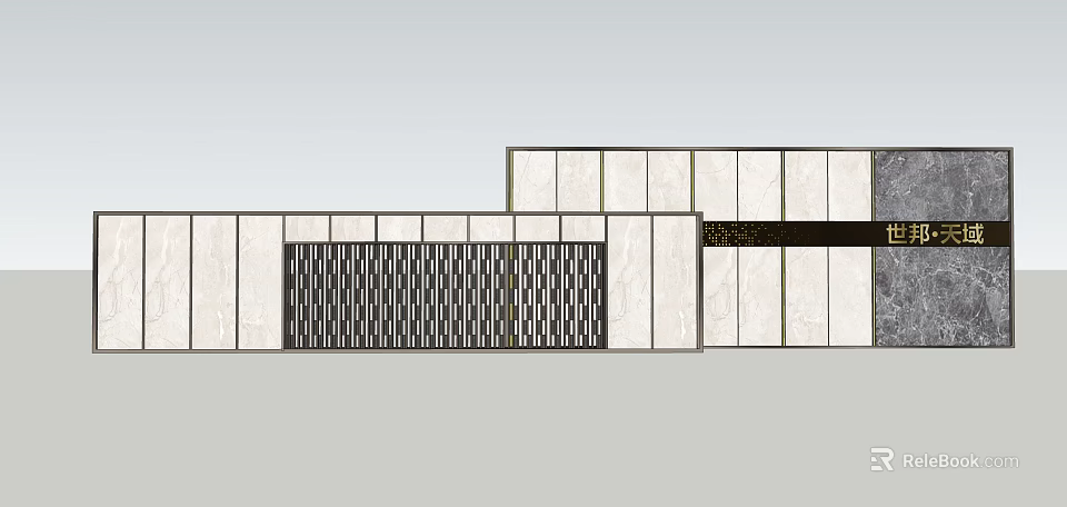 Modern Feature Wall Design With Stone Panels And Decorative Lattice Screen 3d model