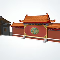 Chinese Entrance Gates Featuring Black Orange Roofs Wooden Design Red Walls And Green Circular Decoration