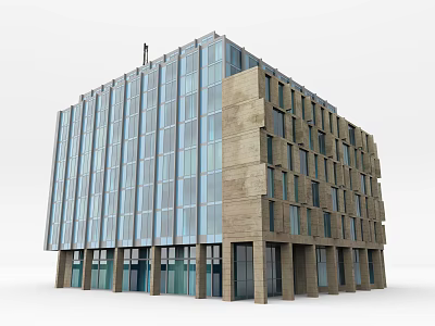 Modern Office Building Exterior With Glass Curtain Wall Stone Facade And Windows 3d model