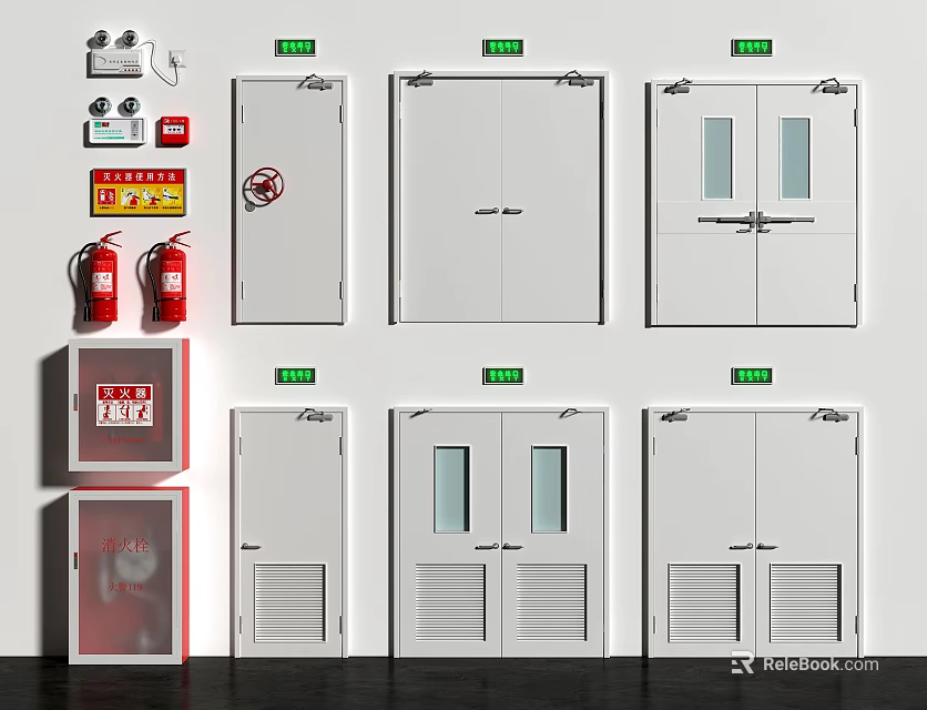 Comprehensive Fire Equipment Collection Featuring Fire Doors Extinguishers And Emergency Lights 3d model 