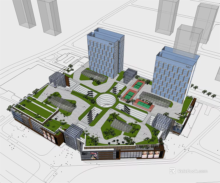 Modern Office Building Complex With Twin Towers Green Plaza And Open Spaces 3d model 