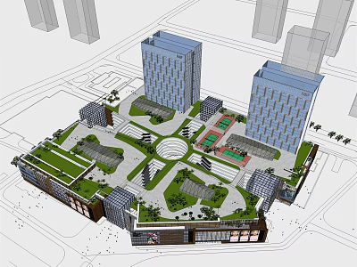 Modern Office Building Complex With Twin Towers Green Plaza And Open Spaces 3d model