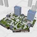 Modern Office Building Complex With Twin Towers Green Plaza And Open Spaces