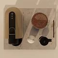 Stylish Kitchen Appliances Collection With Coffeemaker Grinder Pot And Bean Container On Tray