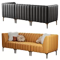 Orange And Gray Leather Three Seater Sofa With Vertical Striped Design And Decorative Pillows