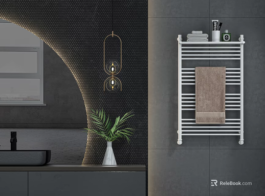 Modern Gray Bathroom Interior With White Towel Rack And Towel Toiletries And Palm Plant 3d model 