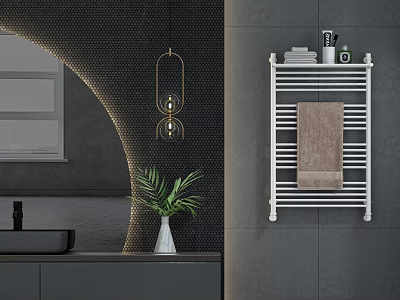 Modern Gray Bathroom Interior With White Towel Rack And Towel Toiletries And Palm Plant 3d model