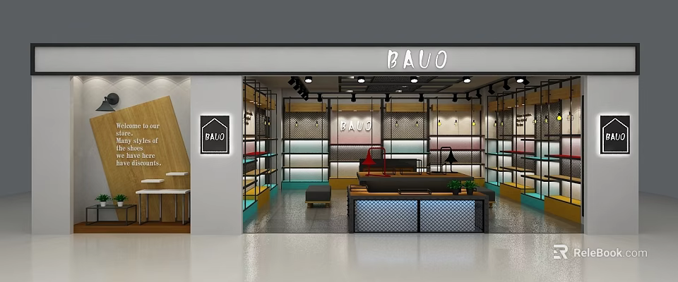 BAUO Shopping Mall Store Modern Interior With Shelves Display Areas And Bright Lighting 3d model 