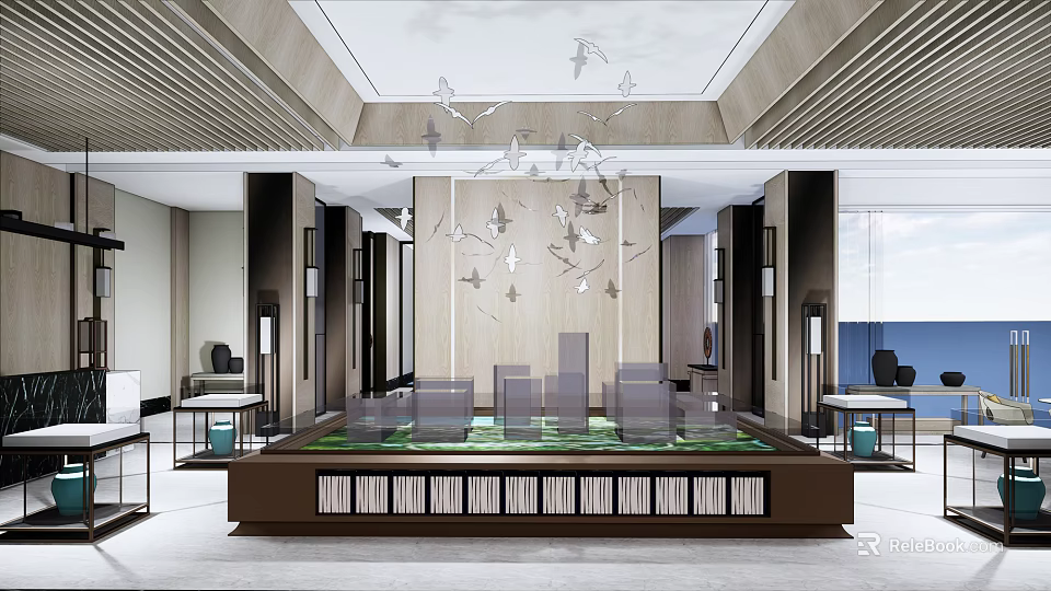 Modern Sales Office Interior Design Featuring Sand Table Model And Bird Decorations 3d model 