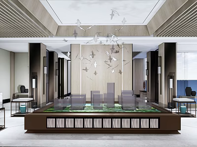 Modern Sales Office Interior Design Featuring Sand Table Model And Bird Decorations 3d model