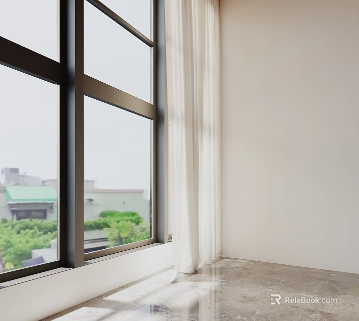 Floor to Ceiling Windows with Scenic Greenery View White Walls Curtains and Marble Floor 3d model 