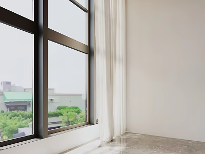 Floor to Ceiling Windows with Scenic Greenery View White Walls Curtains and Marble Floor 3d model