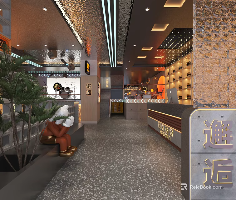 Elegant Modern Restaurant Interior With Green Plants Bar Counter And Textured Wall 3d model 