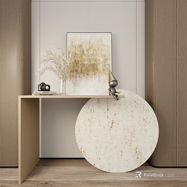 Modern Console Table With Framed Artwork Vintage Camera Dried Pampas And Circular Accent 3d model 