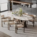 Modern Kitchen Interior With Oval Marble Top Dining Table And Six Beige Upholstered Wooden Chairs