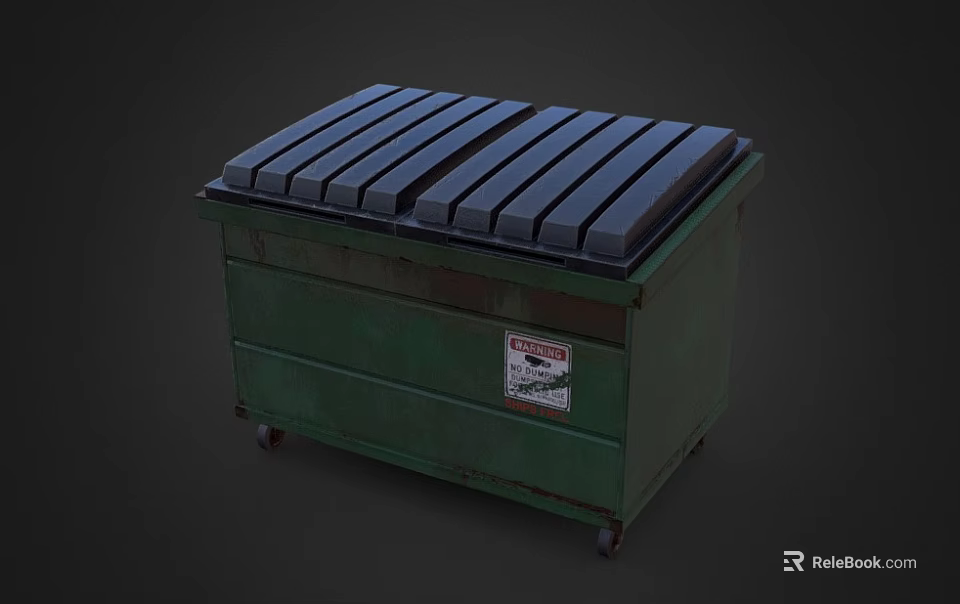 Green Trash Bin With Black Slatted Lid Warning Label And Wheels 3d model 